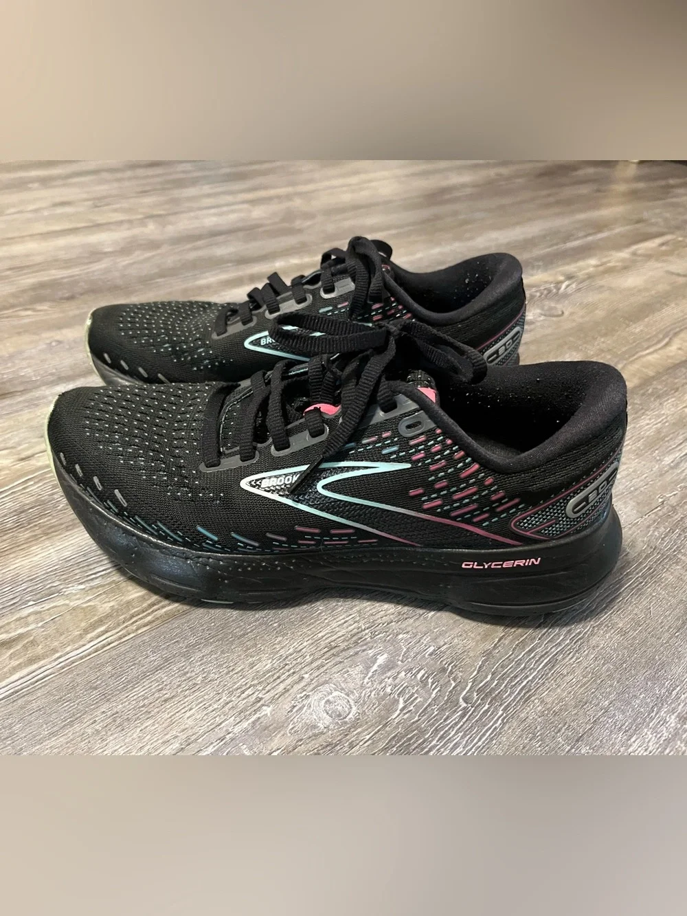 Brooks Women’s Black Running Shoes with Mint and Pink Accents